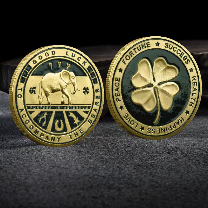 Double-Sided Four-Leaf Clover & Elephant Lucky Coin: Attract Positive Energy and Abundant Luck