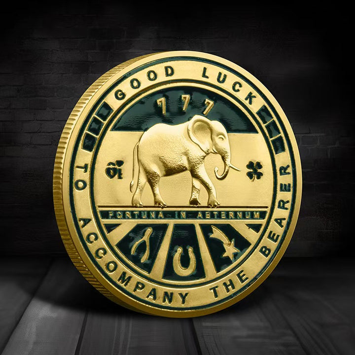 Double-Sided Four-Leaf Clover & Elephant Lucky Coin: Attract Positive Energy and Abundant Luck