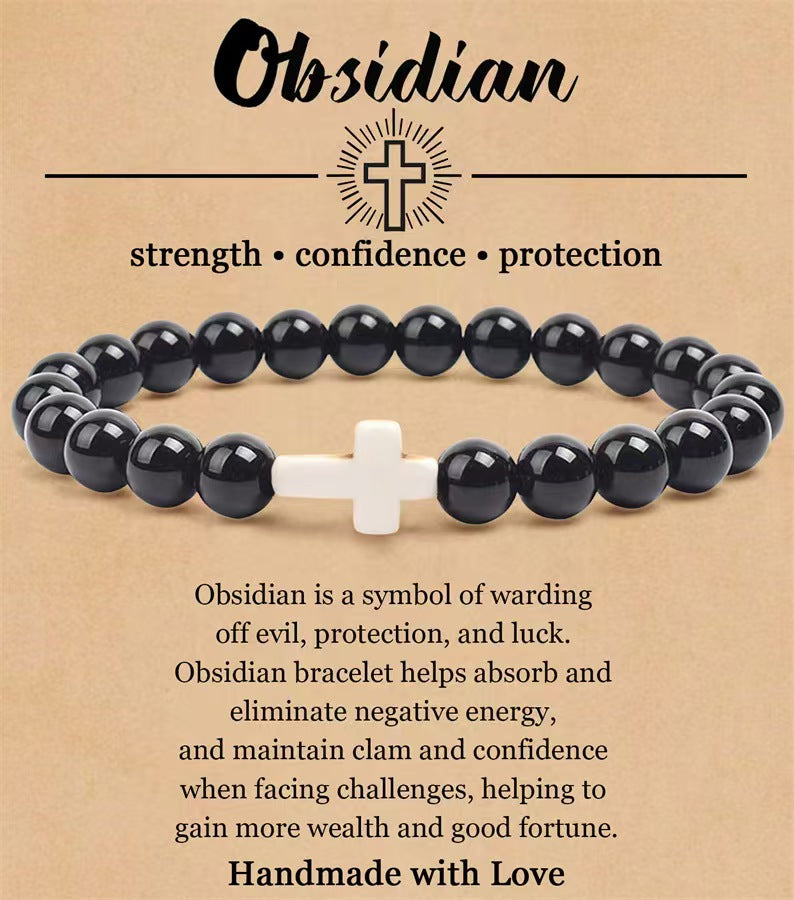 Handcrafted 8mm Obsidian Cross Bracelet