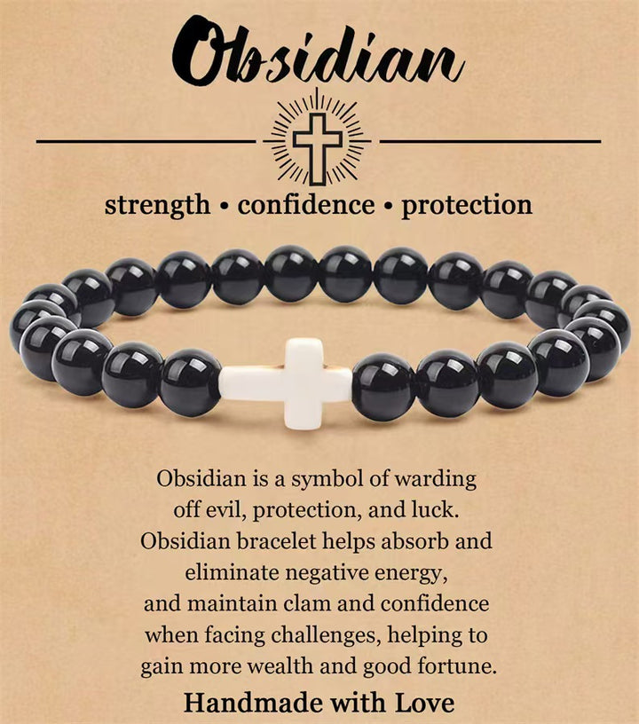 Handcrafted 8mm Obsidian Cross Bracelet