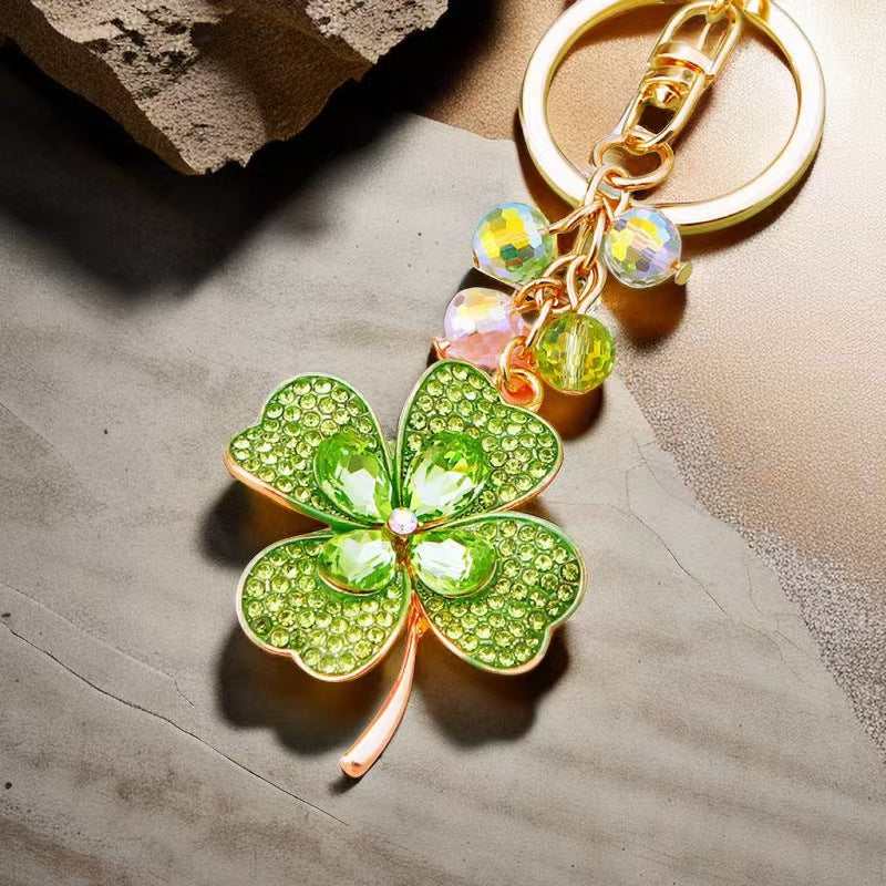 Lucky Clover Metal Crystal Keychain: Attract Good Fortune and Ensure Safe Journeys