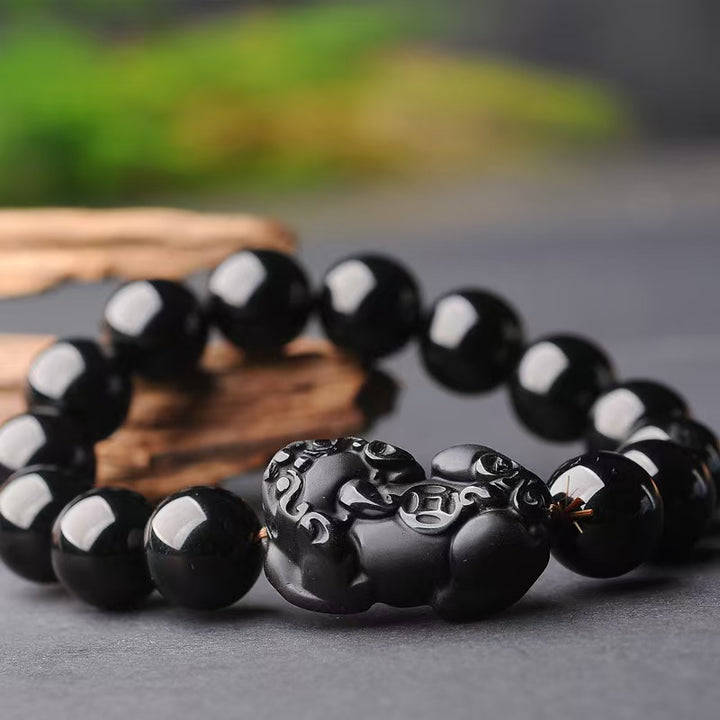 Handcrafted Black Obsidian Pixiu Bracelet for Wealth