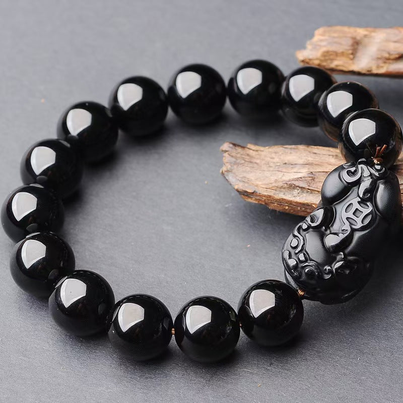 Handcrafted Black Obsidian Pixiu Bracelet for Wealth