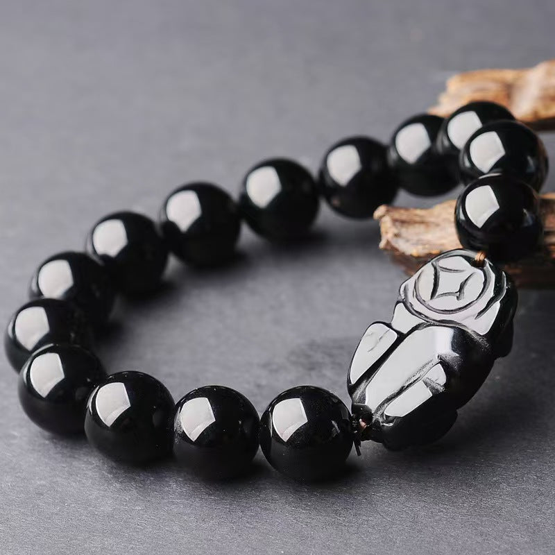 Handcrafted Black Obsidian Pixiu Bracelet for Wealth