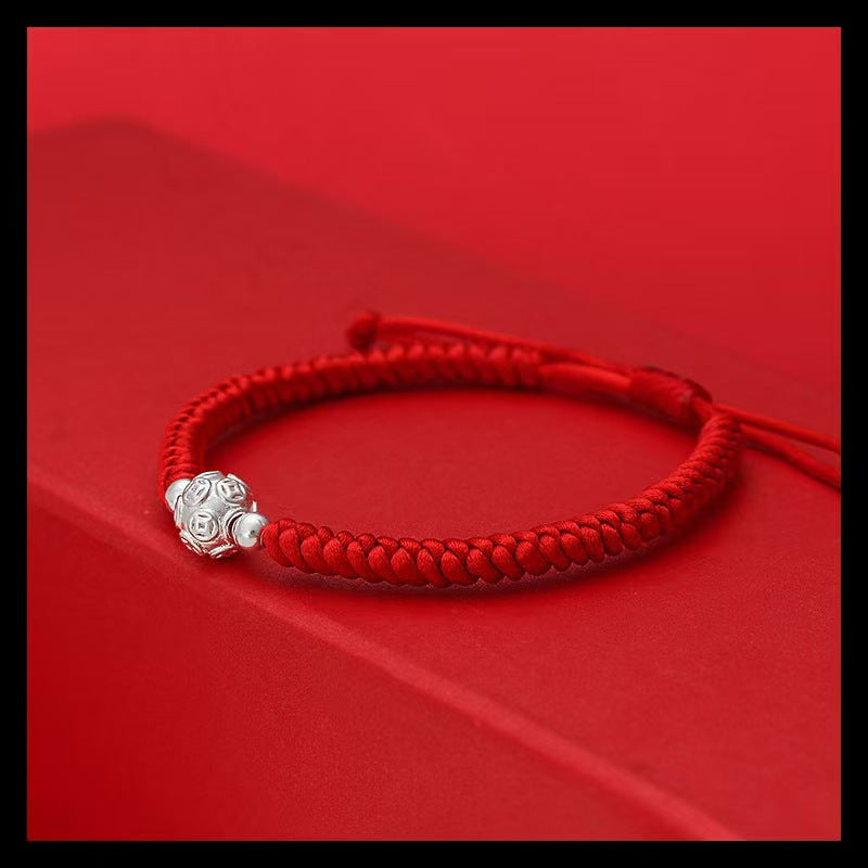 Handcrafted Red String Wealth Bracelet with Silver Prosperity Beads