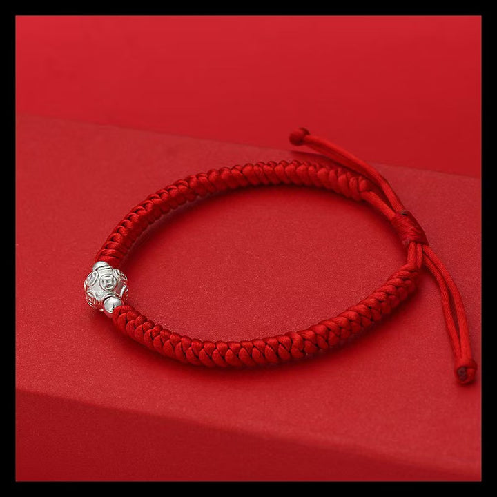 Handcrafted Red String Wealth Bracelet with Silver Prosperity Beads