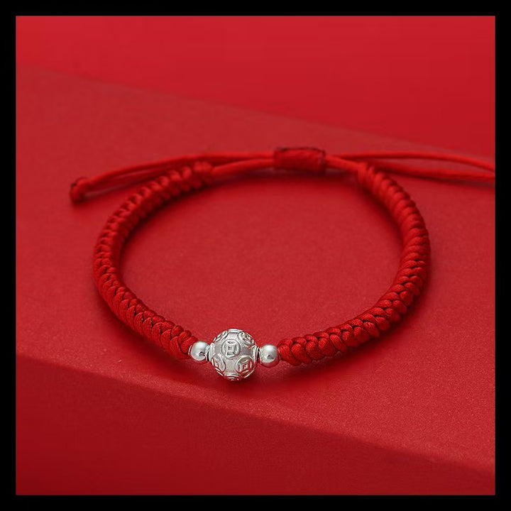 Handcrafted Red String Wealth Bracelet with Silver Prosperity Beads